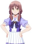  1girl alternate_costume bow bowtie brown_hair cosplay cp9a hands_on_hips harukana_receive low_twintails oozora_haruka_(harukana_receive) purple_shirt school_uniform shirt simple_background skirt super_creek_(umamusume) super_creek_(umamusume)_(cosplay) tracen_school_uniform twintails umamusume voice_actor_connection white_background yellow_eyes yuuki_kana_(voice_actress) 