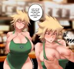  1girl apron areolae bakugou_mitsuki bangs barista blonde_hair blurry blurry_background blush boku_no_hero_academia breasts covered_nipples english_text green_apron hair_between_eyes hand_milking highres iced_latte_with_breast_milk_(meme) lactation large_breasts looking_at_viewer male_hand mature_female meme naked_apron nipples paranoiddroid5 red_eyes short_hair spiked_hair starbucks 