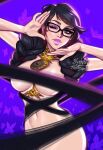  1girl bayonetta bayonetta_(series) bayonetta_3 black_hair blushy-pixy braid censored commentary earrings english_commentary eyeshadow glasses jewelry jojo_pose lipstick long_hair looking_at_viewer makeup mole mole_under_mouth multicolored_hair nude pose red_hair reward_available simple_background smile solo streaked_hair twin_braids 
