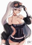  1girl absurdres azur_lane baseball_cap belt black_jacket breasts choker cleavage collarbone cowboy_shot dated elbow_gloves enterprise_(azur_lane) enterprise_(wind_catcher)_(azur_lane) eyewear_on_headwear fingerless_gloves gloves hair_through_headwear hand_on_headwear hat highres jacket large_breasts long_hair off_shoulder official_alternate_costume open_mouth partially_fingerless_gloves ponytail purple_eyes race_queen signature single_fingerless_glove solo sunglasses taut_clothes tight unique_(pixiv12704744) very_long_hair white_belt white_hair 