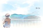  1girl artist_name black_hair blue_skirt blue_sky bridge brown_shawl cloud commentary_request dated day from_behind hair_flaps jingei_(kancolle) kantai_collection kirisawa_juuzou long_hair low_ponytail mountain outdoors pleated_skirt railing scenery skirt sky solo 