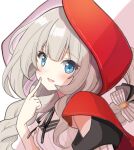  1girl :d bangs black_ribbon blue_eyes blush bow braid cape commentary_request eyebrows_visible_through_hair fate/grand_order fate_(series) flower_in_eye grey_hair hair_bow hand_up highres hood hood_up hooded_cape long_hair looking_at_viewer marie_antoinette_(fate) motoi_ayumu neck_ribbon open_mouth red_cape ribbon shirt single_braid smile solo striped striped_bow symbol_in_eye upper_body very_long_hair white_bow white_shirt 
