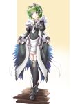  1girl :d absurdres alternate_costume artist_name black_dress black_gloves black_legwear blue_eyes bridal_gauntlets clear_glass_(mildmild1311) cosplay dress enmaided eyebrows_visible_through_hair felicia_(fire_emblem) felicia_(fire_emblem)_(cosplay) fire_emblem fire_emblem:_the_blazing_blade fire_emblem_fates frilled_dress frills gloves green_hair highres long_sleeves maid maid_headdress nino_(fire_emblem) open_mouth simple_background skirt_hold smile solo thighhighs 