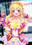  1girl 2boys :d absurdres aikatsu! aikatsu!_(series) bar_censor bare_shoulders blonde_hair blurry blurry_background blush bow_print breasts censored choker cleavage depth_of_field detached_sleeves double_handjob dress earrings erection exhibitionism eyebrows_visible_through_hair floral_print gloved_handjob gloves group_sex hair_between_eyes hair_over_shoulder hairband handjob heart hetero highres hoshimiya_ichigo idol jewelry large_breasts long_hair looking_at_penis mikorin mmf_threesome multicolored_clothes multicolored_dress multiple_boys nail_polish open_mouth out_of_frame penis pink_dress pink_gloves pink_nails pink_sleeves pouch red_eyes rose_print smile solo_focus speed_lines spoken_heart stage sweat threesome upper_body veins veiny_penis 