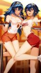  2girls abs arm_around_waist bare_legs beer_mug blue_eyes blue_hair blurry blurry_background breasts cleavage closed_mouth cluseller commentary_request commission covered_navel cross-laced_footwear cup dual_persona eyebrows_visible_through_hair feet_out_of_frame fire_emblem fire_emblem_awakening food foot_out_of_frame hair_between_eyes highres holding holding_tray hooters long_hair looking_at_viewer lucina_(fire_emblem) marth_(fire_emblem_awakening) medium_breasts mirror_writing mug multiple_girls navel no_legwear open_mouth orange_shorts outback_steakhouse red_shorts shirt shoes short_hair short_shorts shorts skeb_commission sleeveless sleeveless_shirt small_breasts smile sneakers standing standing_on_one_leg stomach tank_top taut_clothes thighs tiara tied_shirt tight tray waitress white_footwear white_shirt white_tank_top 