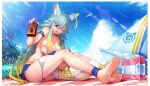  1girl ahoge animal_ear_fluff animal_ears ankle_strap arm_strap bag barefoot beach bikini_skirt bird blue_hair boat bra bra_removed breasts cleavage covering covering_breasts eyebrows_visible_through_hair feet gradient_hair hair_between_eyes hair_ornament hairclip highres jewelry kakage lanmewko large_breasts long_hair looking_at_viewer lotion multicolored_hair necklace one_eye_closed original palm_tree purple_eyes sailboat sky soles solo sunscreen toes tote_bag towel tree underwear very_long_hair watercraft 