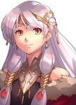  1girl a_(user_vtsy8742) bare_shoulders black_dress circlet coat dress earrings fire_emblem fire_emblem:_radiant_dawn fire_emblem_cipher fire_emblem_heroes highres jewelry long_hair looking_at_viewer micaiah_(fire_emblem) portrait silver_hair simple_background sleeveless sleeveless_dress smile solo upper_body white_background yellow_eyes 