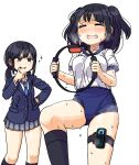  2girls black_eyes black_hair blush breath buruma closed_eyes dripping gym_uniform hand_on_hip hand_on_own_chin highres holding joy-con maruput multiple_girls original ring_fit_adventure school_uniform simple_background smug sweat sweating_profusely thigh_strap twintails two_side_up visible_air white_background 