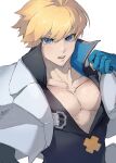  1boy black_shirt blonde_hair blue_eyes blue_gloves collarbone fingerless_gloves gloves guilty_gear guilty_gear_strive hair_between_eyes highres jacket jacket_on_shoulders kero8080 ky_kiske looking_at_viewer male_focus open_mouth pectorals profile pulled_by_self pulling shirt simple_background solo upper_body v-neck white_background white_jacket 