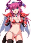  1girl armor ass_visible_through_thighs asymmetrical_horns bangs bikini_armor black_gloves black_legwear blue_eyes blush breasts cape cleavage collarbone commentary curled_horns dragon_girl dragon_horns dragon_tail earrings elbow_gloves elizabeth_bathory_(brave)_(fate) elizabeth_bathory_(fate) eyebrows_visible_through_hair fang fate/grand_order fate_(series) gauntlets gloves groin hair_ribbon hairband hara_(harayutaka) highres horns jewelry long_hair looking_at_viewer medium_breasts navel open_mouth pauldrons pink_hair pointy_ears red_armor ribbon shoulder_armor silver_trim solo tail thighhighs thighs two_side_up white_cape 