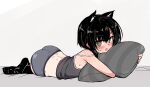  1girl animal_ears ass bangs black_choker black_hair black_legwear blush brown_eyes cat_ears choker eyebrows_visible_through_hair grey_pants grey_shirt hair_between_eyes looking_at_viewer null_(nyanpyoun) object_hug open_mouth original panties pants paw_print pillow pillow_hug shirt short_hair simple_background sleeveless sleeveless_shirt sweat tan tanlines underwear 