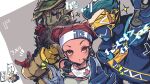  &gt;_&lt; 1boy 1girl 1other ambiguous_gender apex_legends bloodhound_(apex_legends) blue_gloves blue_jacket brown_eyes cable dark-skinned_female dark_skin double_bun fast_fashion_octane gloves goggles hair_slicked_back headband headset highres holding jacket lifeline_(apex_legends) looking_ahead mask mask_around_neck mouth_mask nozomu144 octane_(apex_legends) official_alternate_costume puckered_lips rebreather red_hair selfie_stick speech_bubble visor white_headband 