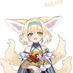  1girl :d absurdres animal_ears arknights bare_shoulders black_collar blonde_hair bouquet braid collar commentary_request dated dress flower fox_ears fox_girl fox_tail green_eyes headband highres holding holding_bouquet infection_monitor_(arknights) looking_at_viewer multicolored_hair multiple_tails open_mouth oripathy_lesion_(arknights) purple_flower red_flower shio_(7203802) short_hair simple_background single_wrist_cuff smile solo straight-on streaked_hair suzuran_(arknights) tail upper_body white_background white_dress white_flower white_hair white_wrist_cuffs wrist_cuffs yellow_flower 