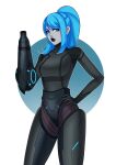  1girl absurdres arm_cannon armor blue_eyes blue_hair breasts dark_samus highres large_breasts long_hair looking_at_viewer metroid metroid_prime phazon_suit ponytail simple_background solo super_smash_bros. tulipsie weapon 
