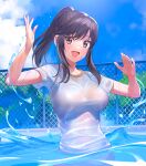  1girl :d a1 bangs blue_sky blush bra_visible_through_clothes bralines breasts brown_eyes brown_hair commentary_request ichijou_hotaru impossible_clothes impossible_shirt large_breasts looking_at_viewer non_non_biyori open_mouth ponytail pool see-through see-through_shirt shirt short_sleeves sidelocks skin_tight sky smile solo swept_bangs t-shirt taut_clothes taut_shirt upper_body wet wet_clothes wet_shirt white_shirt 