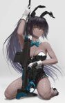 1girl absurdres animal_ears armpits bangs bare_shoulders black_hair black_leotard blue_archive blue_bow bow boys_anti_tank_rifle breasts cleavage closed_mouth dark-skinned_female dark_skin detached_collar earrings fishnet_legwear fishnets gloves grey_background gun high_ponytail highres jewelry karin_(blue_archive) kneeling large_breasts leotard long_hair looking_at_viewer numanoan pantyhose playboy_bunny rabbit_ears rabbit_tail rifle sidelocks tail very_long_hair weapon white_gloves wrist_cuffs yellow_eyes 
