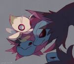  blue_eyes bright_pupils celebi closed_mouth commentary_request dated fang grey_background hydreigon leels no_humans pokemon pokemon_(creature) purple_eyes smile white_pupils 