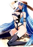  1girl akame_ga_kill! arm_strap black_legwear black_swimsuit blue_eyes blue_hair boots breasts chest_tattoo cleavage cleavage_cutout clothing_cutout cluseller commentary esdeath feet_out_of_frame hair_between_eyes hand_on_headwear hat large_breasts long_hair looking_at_viewer midriff navel open_mouth sand sidelocks simple_background sitting smile solo straight_hair straw_hat sunlight swimsuit tattoo thigh_boots thighhighs very_long_hair white_background 