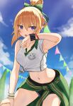  1girl absurdres arm_up armpits bangs black_shorts blonde_hair blue_sky blush bow chloe_(princess_connect!) clothes_around_waist collared_shirt commentary_request day elf eyebrows_visible_through_hair green_bow green_jacket gym_shirt gym_shorts hair_between_eyes hair_bow highres jacket jacket_around_waist looking_at_viewer m_kong navel open_mouth outdoors pennant pointy_ears ponytail princess_connect! purple_eyes shirt short_hair short_ponytail shorts sky sleeveless sleeveless_shirt solo sweatband tied_shirt v-shaped_eyebrows white_shirt wiping_sweat 