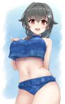  1girl bangs bikini black_hair blue_bikini blush breasts eyebrows_visible_through_hair hair_flaps hair_ornament hair_over_shoulder hand_on_own_chest highres jingei_(kancolle) kantai_collection kodama_(mmt_uf) large_breasts navel open_mouth ponytail red_eyes simple_background solo swimsuit two-tone_background 