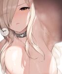  1girl armpits blonde_hair breasts choker collar frustrated hair_over_one_eye heart highres large_breasts lips looking_at_viewer original outstretched_arm solo sunaba_suzume sweat sweatdrop wet yellow_eyes 