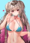  1girl absurdres aqua_background azur_lane bare_shoulders blush braid breasts cleavage closed_mouth collarbone double_bun eyebrows_visible_through_hair fingernails formidable_(azur_lane) formidable_(the_lady_of_the_beach)_(azur_lane) hand_up heart heart_print highres large_breasts long_hair looking_at_viewer nail_polish navel official_alternate_costume paw_pose pink_nails platinum_blonde_hair red_eyes smile solo twin_braids upper_body zyousha333 