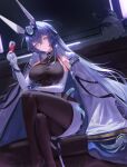  1girl azur_lane bangs bare_shoulders black_legwear blue_eyes blush bodystocking breasts closed_mouth coat coat_on_shoulders creature crossed_legs cup drink drinking_glass elbow_gloves feet_out_of_frame gloves hair_between_eyes hair_intakes headgear high-waist_skirt highres holding holding_cup indoors large_breasts long_hair manjuu_(azur_lane) new_jersey_(azur_lane) purple_hair sansan_(dongfangzhong111) skirt smile solo_focus underbust very_long_hair white_coat white_gloves white_skirt wrist_guards 
