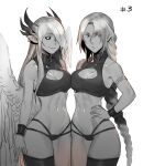  2girls absurdres angel_wings armband bangs bare_shoulders black_sclera braid breasts cleavage cleavage_cutout clothing_cutout colored_sclera commentary cowboy_shot crop_top demon_girl demon_horns eyebrows_visible_through_hair greyscale groin hair_over_one_eye hand_on_hip highres horns less long_hair looking_at_viewer monochrome multiple_girls navel original pointy_ears simple_background single_thighhigh sleeveless smile thighhighs toned very_long_hair white_background wings wristband 