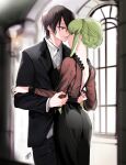  1boy 1girl absurdres black_hair black_jacket black_skirt blurry blurry_background braid brown_shirt c.c. closed_mouth code_geass couple dress_shirt eye_contact eyebrows_visible_through_hair formal green_hair grey_vest hetero highres indoors jacket lelouch_lamperouge long_hair long_sleeves looking_at_another noppo open_mouth pant_suit purple_eyes see-through shirt short_hair shoulder_blades sidelocks signature skirt smile suit tied_hair vest white_shirt yellow_eyes 