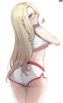  1girl artist_name ass blonde_hair breasts closed_mouth ddangbi from_behind green_eyes heart highres korrina_(pokemon) looking_at_viewer looking_back pokemon pokemon_(game) pokemon_xy short_shorts shorts sideboob sidelocks simple_background solo taut_clothes taut_shorts thigh_gap thighs undressing white_background 