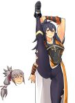  1boy 1girl absurdres armor bangs black_legwear blue_hair commentary_request commission commissioner_upload fire_emblem fire_emblem_fates highres igni_tion japanese_clothes kimono leggings long_hair oboro_(fire_emblem) ponytail silver_hair simple_background smile split standing standing_on_one_leg standing_split takumi_(fire_emblem) toned 