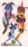  1other androgynous animal_ears black_legwear blue_hair blush bow bowtie brown_hair carrot commentary deltarune detached_collar embarrassed fake_animal_ears fake_tail fishnet_legwear fishnets gloves hair_over_eyes heart_pasties high_heels highres kris_(deltarune) leotard meme_attire necktie oversized_food pasties playboy_bunny rabbit_ears rabbit_tail reverse_bunnysuit reverse_outfit senjochi_janai short_hair shrug_(clothing) strapless strapless_leotard symbol-only_commentary tail thighhighs thong translated tray white_gloves 