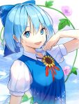  1girl :d arm_up bangs blue_bow blue_dress blue_eyes blue_hair bow breasts cirno collared_shirt commentary dress flower hair_between_eyes hair_bow highres holding_collar hot ice ice_wings looking_at_viewer nyanaya open_mouth plant puffy_short_sleeves puffy_sleeves red_neckwear red_ribbon ribbon shirt short_sleeves small_breasts smile solo sparkle sunflower sweatdrop touhou upper_body vines wing_collar wings 