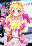  1girl 2boys :o absurdres aikatsu! aikatsu!_(series) bar_censor bare_shoulders blonde_hair blurry blurry_background blush bow_print breasts censored choker cleavage cum cum_on cum_on_body cum_on_breasts cum_on_clothes depth_of_field detached_sleeves double_handjob dress earrings ejaculation erection exhibitionism eyebrows_visible_through_hair facial floral_print gloved_handjob gloves group_sex hair_between_eyes hair_over_shoulder hairband handjob heart hetero highres hoshimiya_ichigo idol jewelry large_breasts long_hair looking_at_penis mikorin mmf_threesome multicolored_clothes multicolored_dress multiple_boys nail_polish open_mouth out_of_frame penis pink_dress pink_gloves pink_nails pink_sleeves pouch red_eyes rose_print solo_focus speed_lines spoken_heart stage sweat threesome trembling twitching_penis upper_body veins veiny_penis 
