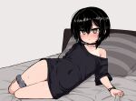  1girl bangs black_choker black_hair black_shirt blush brown_eyes choker collarbone covered_navel eyebrows_visible_through_hair grey_panties hair_between_eyes looking_at_viewer null_(nyanpyoun) off_shoulder on_bed original panties panties_around_one_leg paw_print pillow sheet_grab shirt short_hair simple_background sweat underwear 