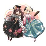  2girls ;d ahoge bangs black_bow black_hakama black_headwear blonde_hair blue_hakama boots bow brown_footwear brown_hair closed_mouth commentary_request cross-laced_footwear eyebrows_visible_through_hair family_crest fate/grand_order fate_(series) green_eyes hagoita hair_between_eyes hair_bow hakama hakama_skirt hand_on_headwear hand_up hat highres holding_hands interlocked_fingers japanese_clothes kimono koha-ace lace-up_boots long_hair long_sleeves looking_at_viewer motoi_ayumu multiple_girls oda_nobunaga_(fate) oda_nobunaga_(koha/ace) oda_uri okita_souji_(fate) okita_souji_(koha/ace) one_eye_closed open_mouth paddle peaked_cap pink_kimono red_eyes skirt sleeves_past_wrists smile socks striped striped_kimono tabi very_long_hair white_legwear wide_sleeves zouri 