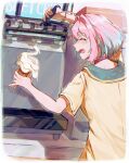  1girl ahoge blue_hair choker closed_eyes crying food hair_intakes hamachamu highres holding holding_food ice_cream ice_cream_cone idolmaster idolmaster_cinderella_girls multicolored_hair open_mouth pink_choker pink_hair shirt short_sleeves soft_serve solo t-shirt tears two-tone_hair upper_body yumemi_riamu 