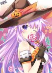  1girl ;) absurdres adult_neptune alternate_costume bare_shoulders breasts brown_gloves candy covering_mouth detached_sleeves food from_side gloves halloween halloween_costume hand_up happy hat highres lewdkuma lollipop long_hair looking_at_viewer looking_to_the_side medium_breasts neptune_(series) one_eye_closed pumpkin_hat_ornament purple_eyes purple_hair smile solo sweets upper_body very_long_hair witch_hat 
