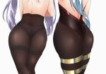  2girls absurdres ass bare_back black_bodysuit black_legwear blue_hair bodysuit commentary_request from_behind ganyu_(genshin_impact) genshin_impact highres keqing_(genshin_impact) long_hair multiple_girls natsuki_(tyuiojl) out_of_frame panties panties_under_pantyhose pantyhose partial_commentary purple_hair simple_background twintails underwear white_background 