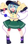  1girl :d arms_up bangs black_headwear eyebrows_visible_through_hair full_body green_eyes green_hair green_skirt hat hat_ribbon heart heart_of_string highres komeiji_koishi looking_at_viewer open_mouth ribbon shirt short_hair simple_background skirt smile solo standing third_eye touhou white_background yellow_ribbon yellow_shirt you_(noanoamoemoe) 