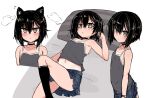  1girl bangs black_choker black_hair black_legwear blue_sky blush brown_eyes choker eyebrows_visible_through_hair grey_shirt hair_between_eyes kneehighs looking_at_viewer navel null_(nyanpyoun) one-piece_tan original pillow shirt short_hair simple_background sketch sky sleeveless sleeveless_shirt solo_focus tan tanlines 