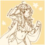  1girl ahoge bangs breasts cape circlet closed_mouth fire_emblem fire_emblem_fates holding holding_cape holding_clothes leitz_acaroline long_hair looking_at_viewer medium_breasts monochrome navel one_eye_closed ophelia_(fire_emblem) sketch solo upper_body yellow_background 