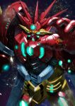  absurdres getter_emperor getter_robo glowing glowing_eyes highres looking_ahead mecha moyashi_(karamisouma) no_humans open_hand planet science_fiction space super_robot yellow_eyes 