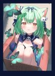  1girl animal_ear_fluff animal_ears bangs blue_bow blue_dress blush bow bow_hairband box bug butterfly cat_ears commentary dress extra_ears eyebrows_visible_through_hair eyes_visible_through_hair ghost_earrings green_butterfly green_eyes hair_ornament hairband highres hololive in_box in_container knees_up looking_at_viewer parted_lips paw_pose red_eyes short_hair siohanabi sitting skull_hair_ornament smile solo translated uruha_rushia virtual_youtuber 