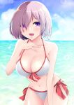  1girl bikini breasts cleavage day fate/grand_order fate_(series) hair_over_one_eye halterneck hand_on_own_chest hiba_(p-p-purin) large_breasts leaning_forward light_purple_hair looking_at_viewer mash_kyrielight mash_kyrielight_(swimsuit_of_perpetual_summer) navel open_mouth outdoors purple_eyes side-tie_bikini solo string_bikini swimsuit water wet wet_hair white_bikini 