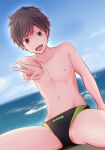  1boy :d arena_(company) arm_support backlighting bangs black_male_swimwear brown_eyes brown_hair bulge chromatic_aberration collarbone day hand_up highres horizon jamsakura looking_at_viewer male_focus male_swimwear navel nipples ocean open_mouth original outdoors short_hair sitting smile solo spread_legs swim_briefs v 