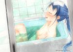  1girl bathing bathtub blue_hair blush breasts closed_eyes completely_nude from_side indoors kantai_collection long_hair mae_(maesanpicture) nipples nude open_mouth partially_submerged ponytail profile samidare_(kancolle) sitting small_breasts solo sweat tile_wall tiles twitter_username very_long_hair water wet 