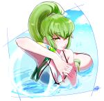  1girl 2021 absurdres ass ball bangs beachball bikini breasts butt_crack c.c. character_name cleavage code_geass collarbone dated eyebrows_visible_through_hair green_hair hair_between_eyes halterneck high_ponytail highres large_breasts long_hair looking_at_viewer noppo parted_lips partially_submerged shiny shiny_hair sideboob signature solo summer swimsuit very_long_hair white_bikini yellow_eyes 