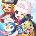  1girl :d bare_shoulders beanie black_shirt blue_background blue_eyes blue_hair blush chimchar dawn_(pokemon) hair_ornament hairclip handheld_game_console haru_(haruxxe) hat highres holding holding_handheld_game_console holding_pokemon light_particles long_hair looking_at_viewer nintendo_dsi nintendo_switch one_eye_closed open_mouth piplup poke_ball_symbol pokemon pokemon_(creature) pokemon_(game) pokemon_bdsp pokemon_dppt red_scarf scarf shirt smile sparkle turtleneck video_game white_headwear yellow_bag 