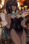 1girl absurdres alcohol animal_ears black_hair black_leotard blue_archive blurry blurry_background bow bowtie breasts cleavage cocktail_glass covered_navel cup dark-skinned_female dark_skin detached_collar drinking_glass fishnets gloves groin highres holding holding_menu holding_tray i-chandraws karin_(blue_archive) large_breasts leotard long_hair looking_at_viewer menu parted_lips playboy_bunny ponytail rabbit_ears sidelocks solo standing tray very_long_hair white_gloves wrist_cuffs yellow_eyes 